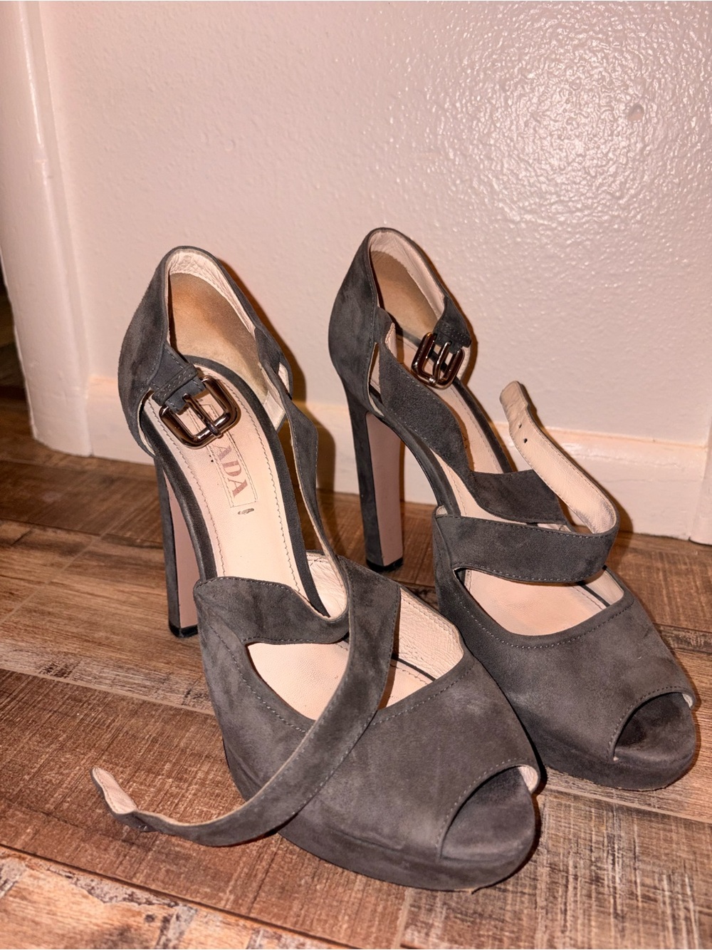 Prada Gray Suede Open-Toe High Heel Sandals